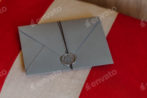 Preview: This envelope is for you. Wedding invitation card lies on red and white background. Decoration