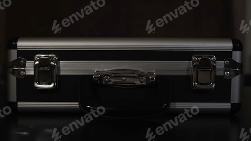Preview: A person finding treasure in silver metal suitcase in a dark room. Concept. Unknown shining object