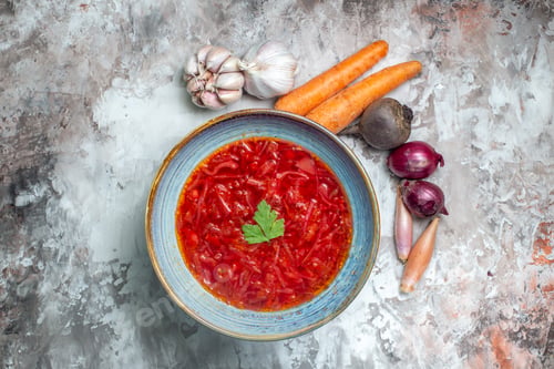 Preview: top view tasty borsch with fresh vegetables on a white background cuisine dish color meal