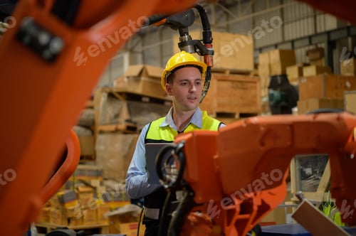 Preview: A male engineer checking the operation of a welding robot.