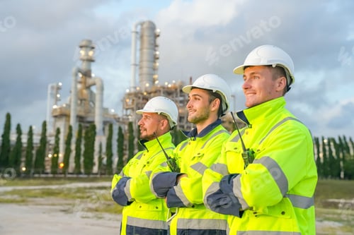 Preview: Refinery industry engineer are working and discussing at front oil and gas industrial factory,