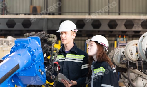 Preview: Both of engineers working together in a robotic arm factory, Robotic arm industry and engineering