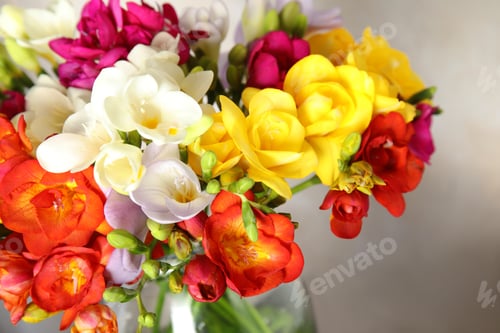 Preview: Beautiful spring freesia flowers in vase, closeup