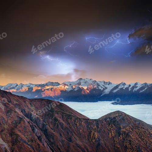 Preview: Fantastic collage. Beautiful lightning over the snow-capped