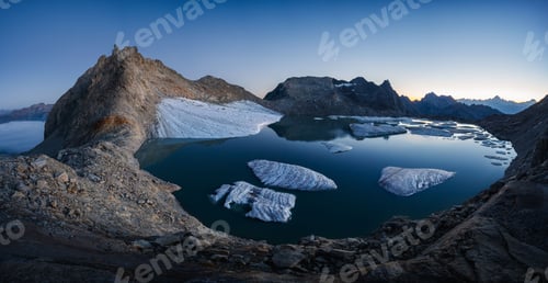 Preview: Summer landscape view of the Chuebodengletscher with icebergs on a glacier lake