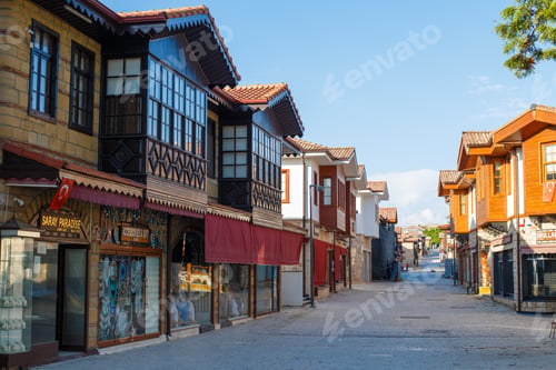 Preview: antique houses in Side town in Antalya district of Turkey. View of an old Turkish house.