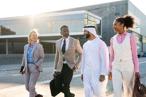 Preview: Group of multiethnic business people meeting an emirati businessman