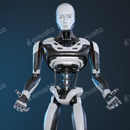 Preview: Robot android posing on a dark background