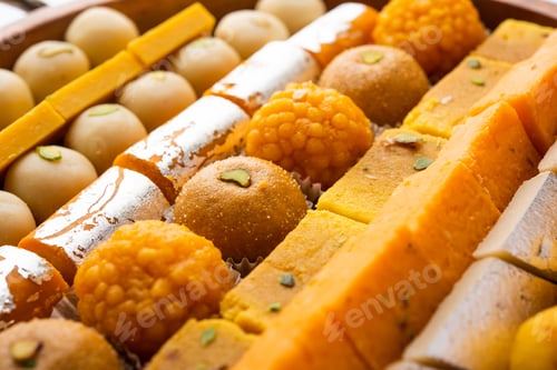 Preview: Group of Indian assorted sweets or mithai with diya