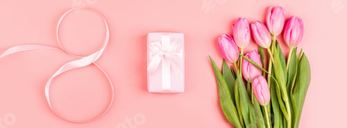 Preview: Horizontal long banner for web design of present for 8 March, international women’s day.