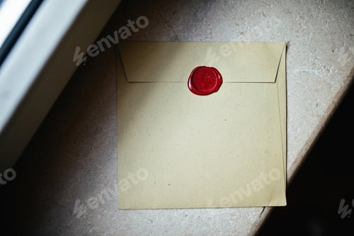 Preview: Envelope with wax stamp on a window sill.