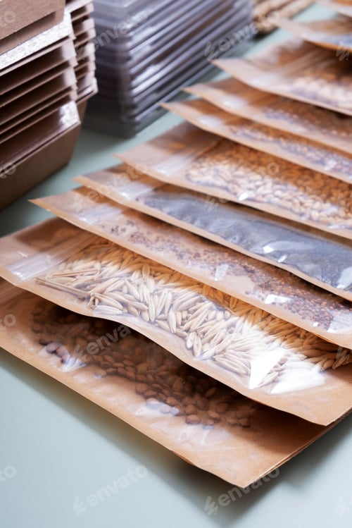 Preview: Lentil seeds and bags with other contents for germinating microgreens