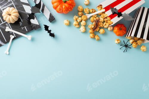 Preview: Spooky Cinema Setup: Top view of themed decorations featuring bone-adorned popcorn boxes