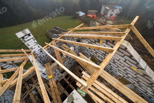 Preview: Top view of roof frame from wooden lumber beams and planks