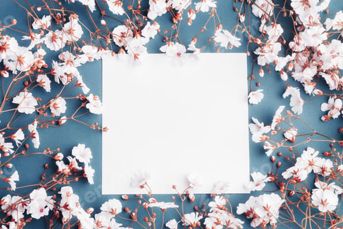 Preview: Empty sheet of paper surrounded by small white flowers. Blank card on blue background