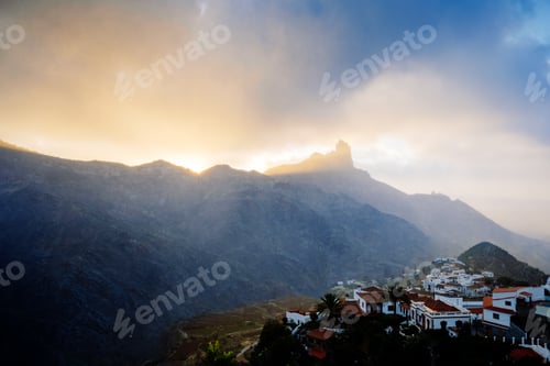 Preview: Roque Bentayga and the city of Tejeda at sunset, a great view of the Canary mountains.