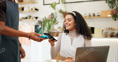 Preview: Customer, payment and smartphone with woman, pos and transaction with internet, restaurant and paym