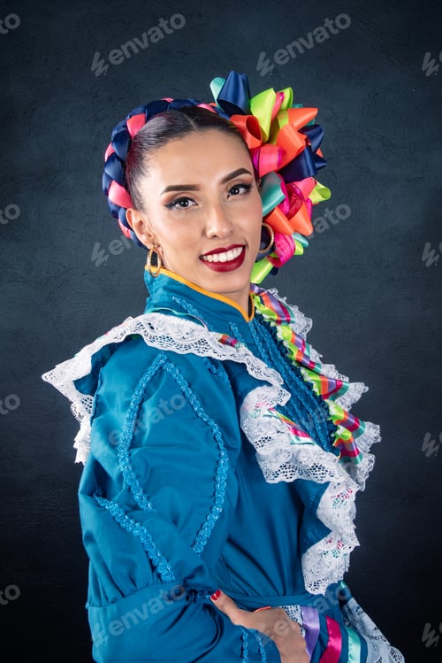 Preview: A woman wearing a blue dress with a white lace collar and a colorful headband
