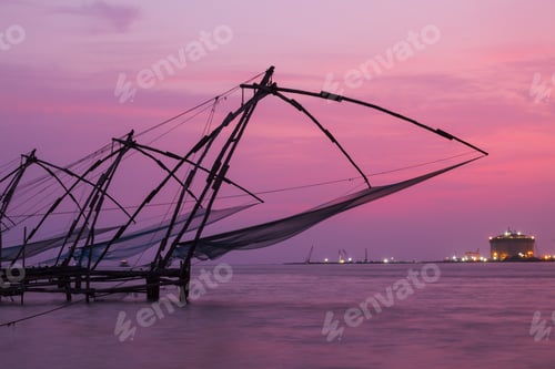 Preview: Chinese fishnets on sunset. Kochi, Kerala, India