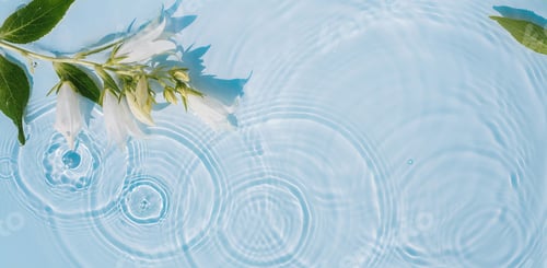 Preview: Transparent background texture of water with drops, ripples and flowers