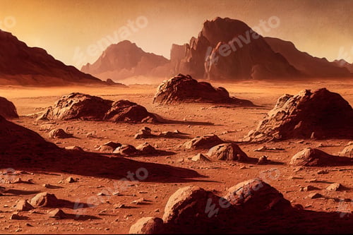 Preview: 3D rendering of the dry landscape of the Mars planet