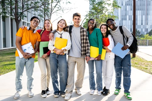 Preview: A Diverse Group of Students Smiling Happily Together on Campus, Enjoying Their Time