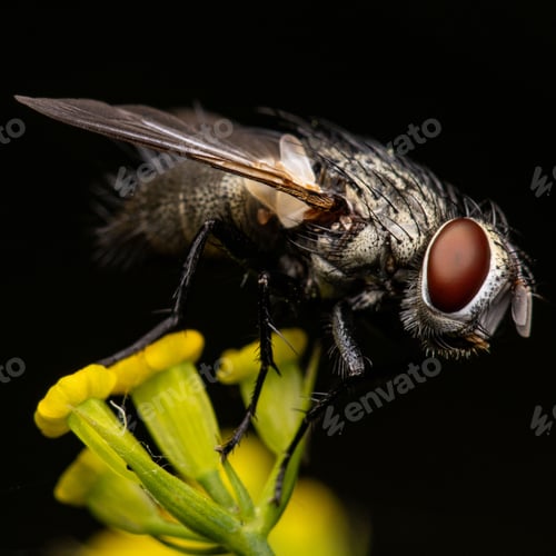 Preview: Macro shot of flesh fly on a flower isolated on a black background.