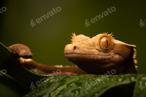Preview: Closeup shot of the New Caledonian Crested gecko (Correlophus ciliatus) on a green leaf
