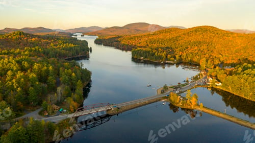 Preview: Sunset over Highway 30 Crossing Long Lake at Adirondacks Park Upstate NY