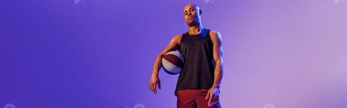 Preview: Full length portrait of a basketball player with ball on studio background. Advertising concept