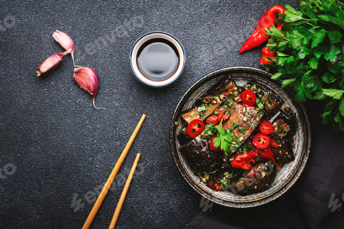 Preview: Grilled eggplant with hot red peppers, soy sauce and garlic in asian style