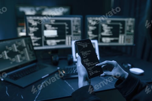 Preview: Young professional female hacker is indoors by computer with lot of information on displays