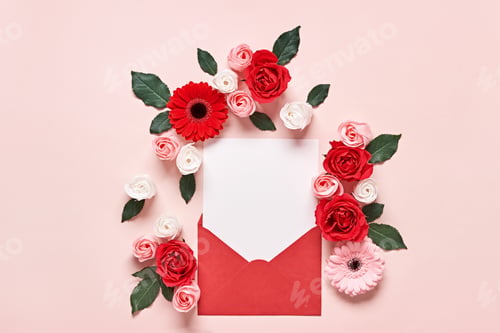Preview: Red envelope with Romantic love letter mockup and flowers on pink background