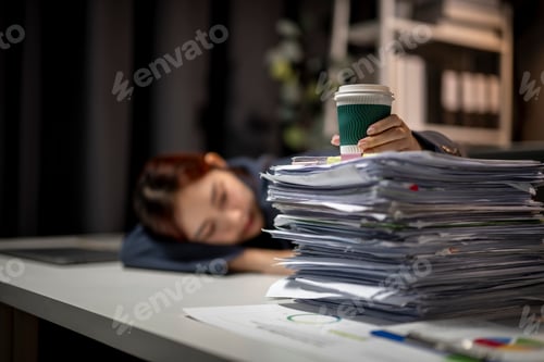 Preview: A woman is sleeping on a desk with a pile of papers and a cup of coffee