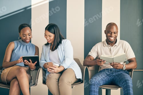 Preview: Business people, waiting room and tablet for job search, communication and collaboration or teamwor
