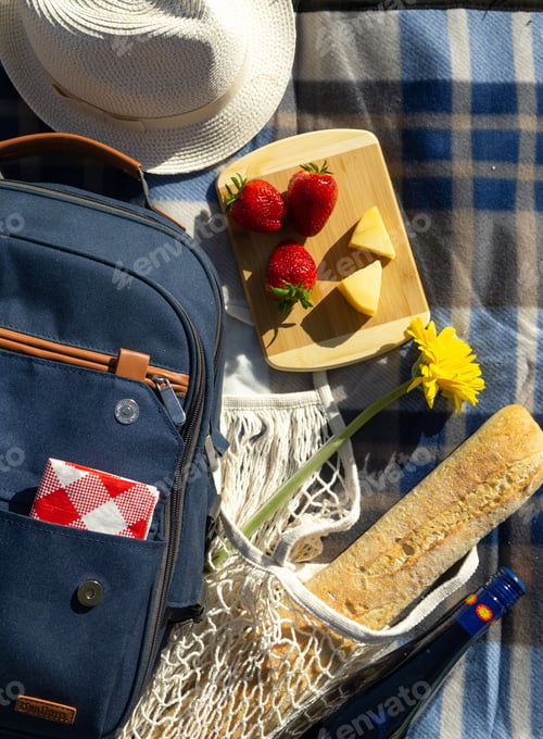 Preview: Overhead view of backpack bread strawberries cheese wine yellow flower and hat on a picnic blanket