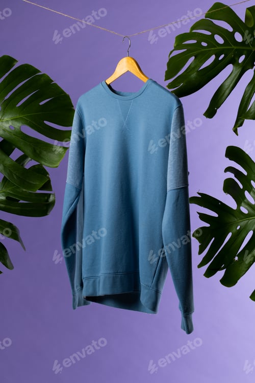 Preview: Sweatshirt hanging on coat hanger and copy space on purple background