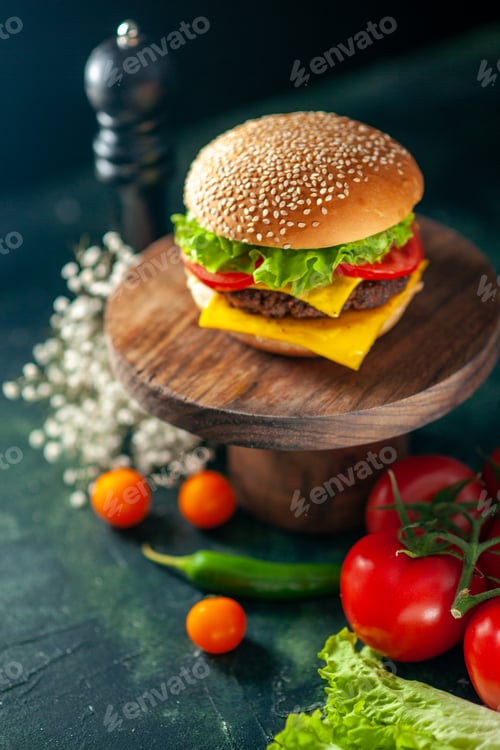 Preview: front view meat hamburger with tomatoes on dark background kfc fast-food french fries sandwich meal