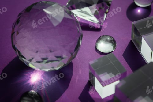 Preview: Crystal prism refracting light, magic crystals and pyramid, sphere and cube on purple background