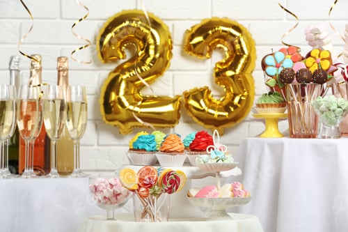 Preview: Dessert table in room decorated with golden balloons for 23 year birthday party