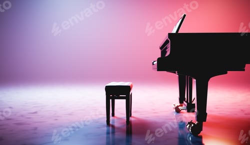 Preview: Classic grand piano keyboard in neon spotlight