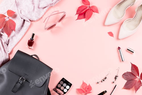Preview: Feminine Accessories and Makeup Items on Pink Surface