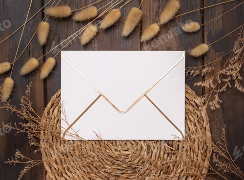 Preview: Blank paper envelope on wattled placemat near Hare's Tail grass top view, mockup