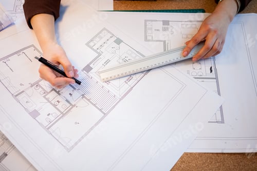 Preview: Close up of architect working on blueprints