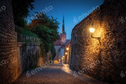 Preview: Long Leg Gate Tower and St. Olaf church at night - Tallinn, Estonia