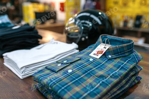 Preview: Detail of label with promotion price over a blue plaid shirt on shop with industrial style