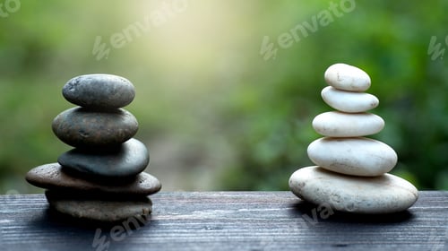 Preview: Black and White zen stones balance with blurred green background