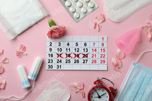 Preview: Concept of menstruation on pink background, top view
