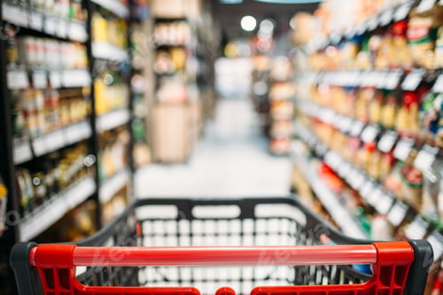 Preview: Shopping cart between shelves in food store