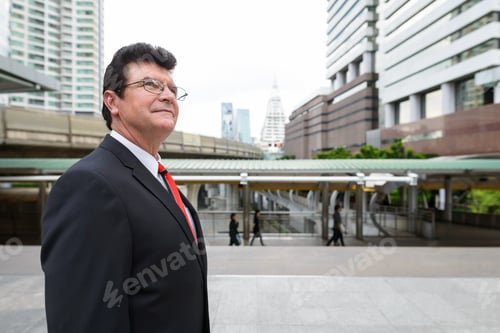 Preview: Mature handsome businessman in front train station at Bangkok city